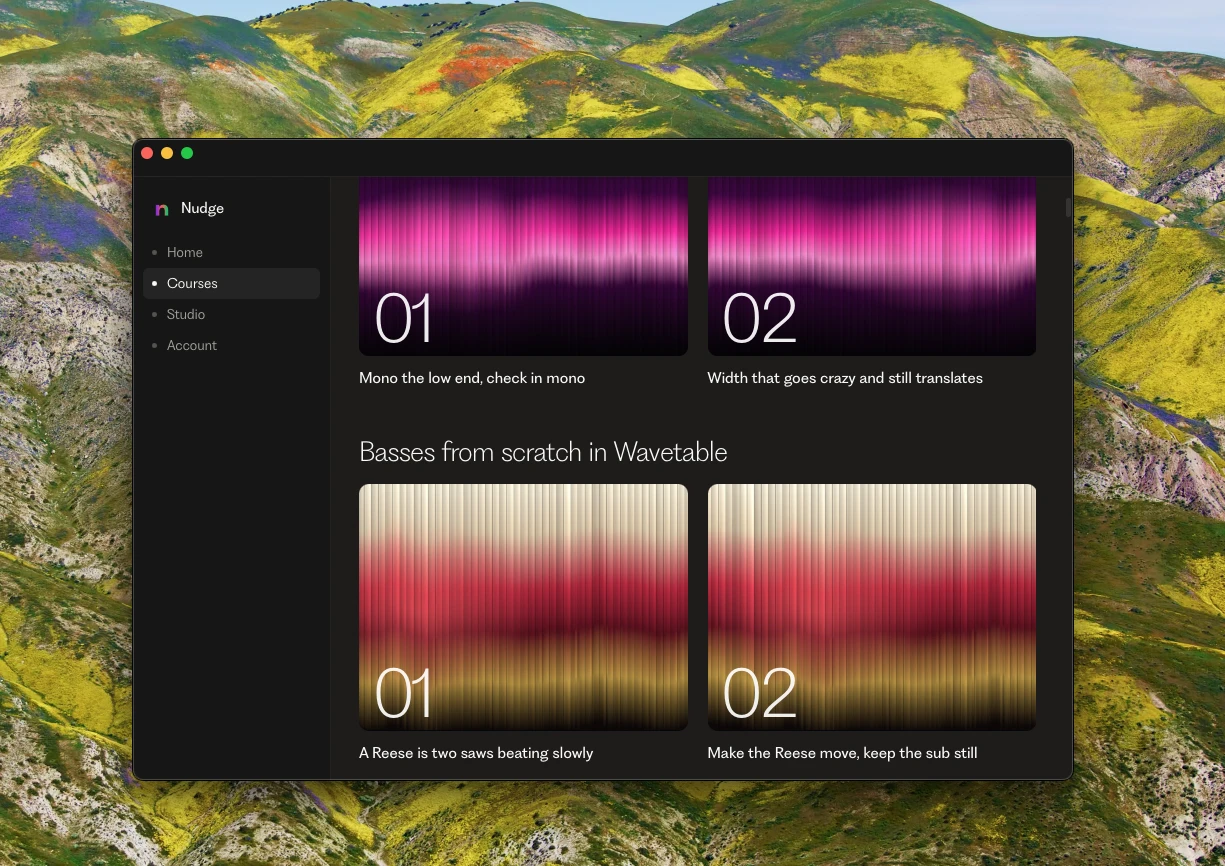 Nudge's course library: series like Basses from scratch in Wavetable, with numbered courses.