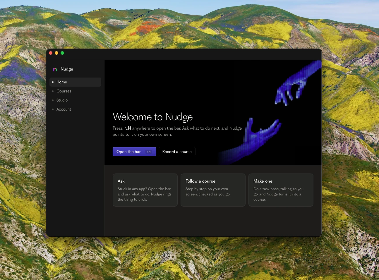 Nudge's welcome screen: press ⌥N anywhere to open the bar.